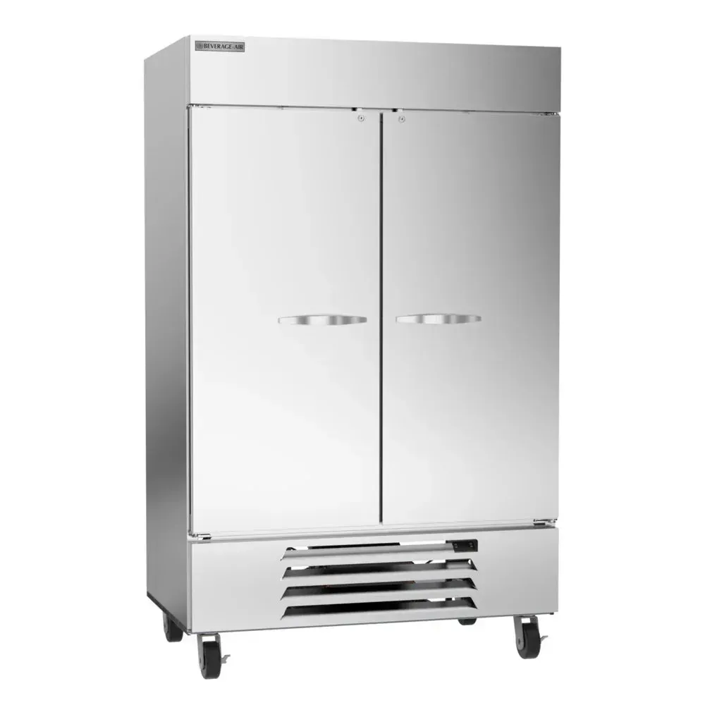 Beverage-Air two-section solid door reach-in freezer with LED lighting for high-capacity frozen storage in commercial kitchens or foodservice setups.