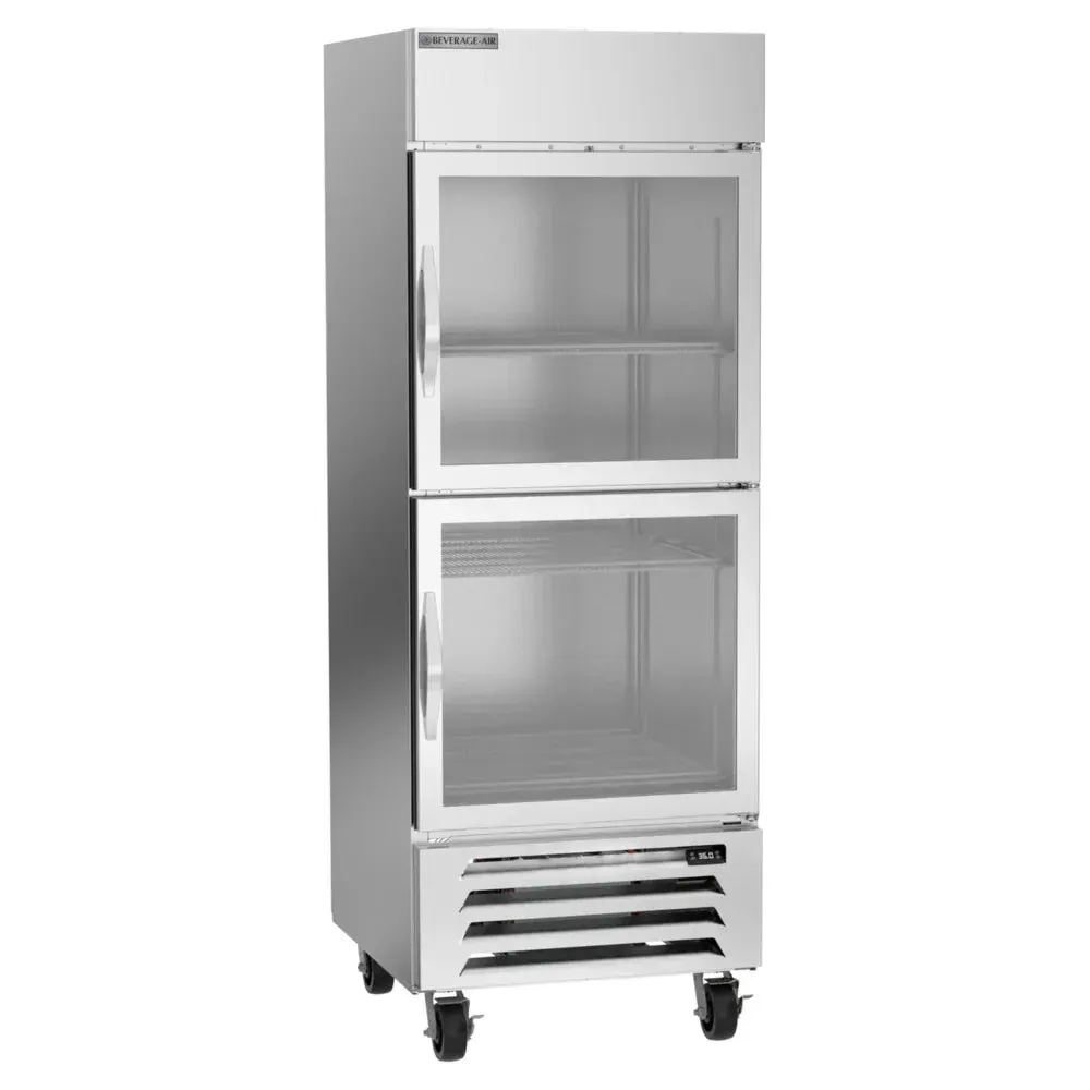 Beverage-Air one-section bottom-mount reach-in refrigerator with glass half doors and LED lighting ideal for commercial food storage and visibility.