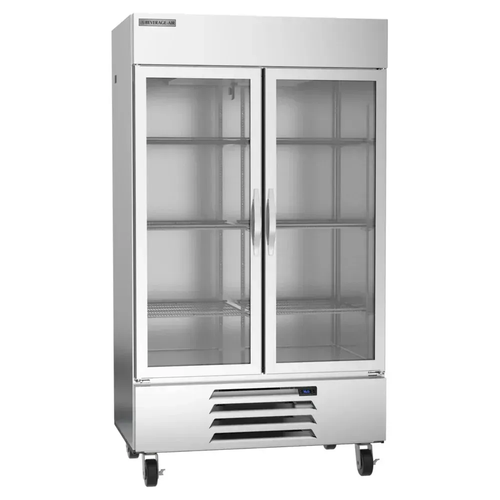 Beverage-Air two-section glass door reach-in refrigerator with LED lighting for hotels presents fresh items attractively with consistent chill.