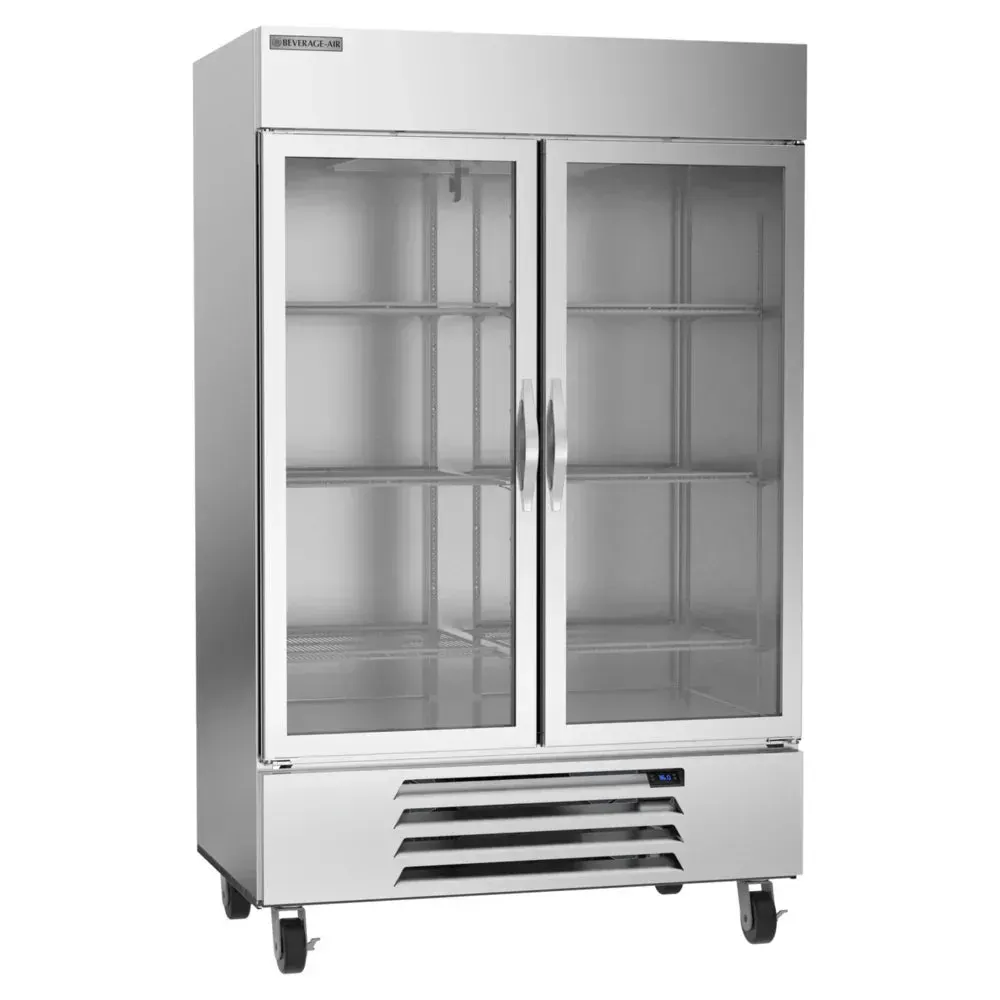 Beverage-Air bottom-mounted glass door reach-in refrigerator with LED lighting for restaurants displays fresh goods clearly and saves energy.