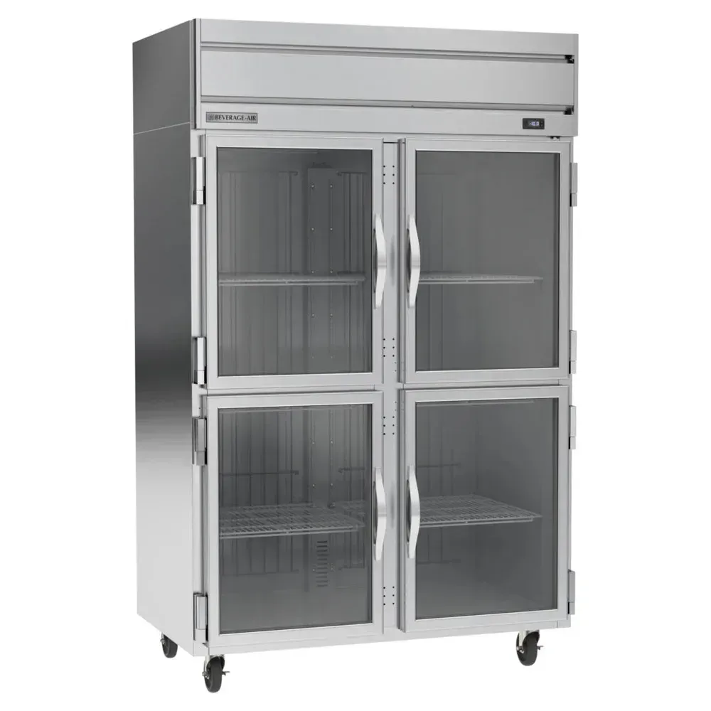 Beverage-Air glass half-door reach-in freezer for hotel kitchens provides clear visibility of frozen goods with energy-efficient cooling control.