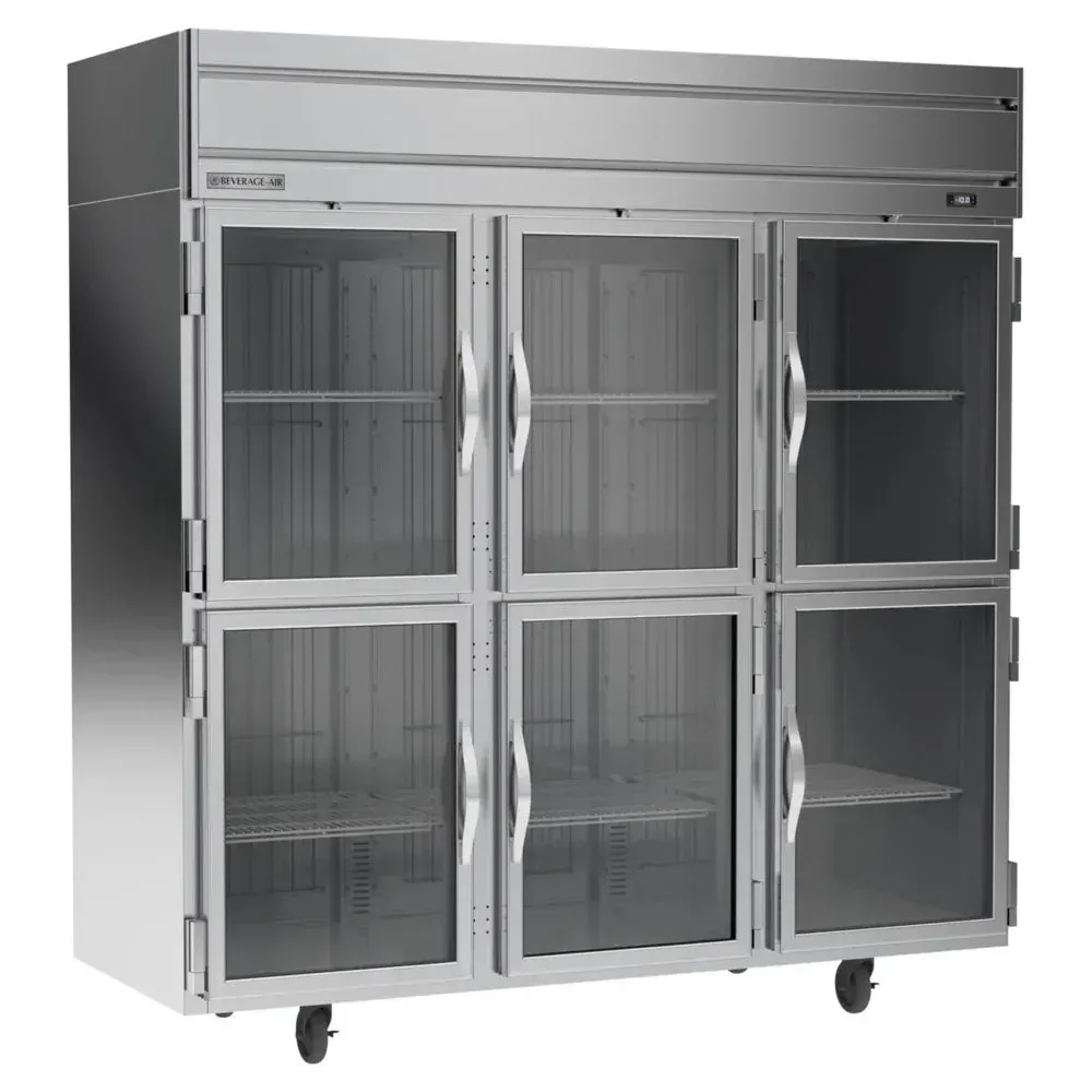Beverage-Air three-section glass half-door reach-in freezer with clear panels and stainless build; efficient, consistent cooling for modern kitchens.