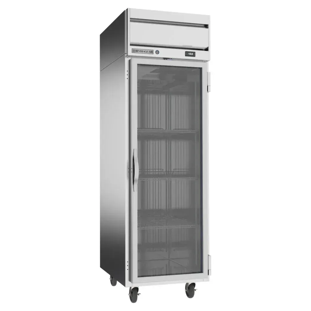 Beverage-Air single-section glass door reach-in freezer, full-length tempered glass, LED-lit interior, sleek stainless finish for hospitality use.