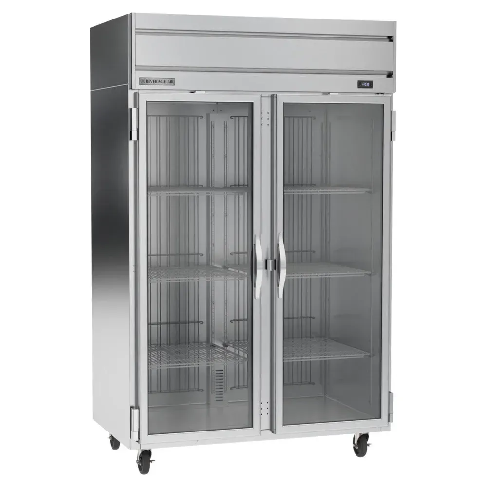 Beverage-Air two-section full-glass door reach-in freezer with LED lighting and stainless construction; clear display for hotel or restaurant.