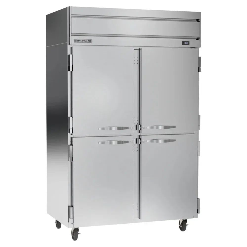 Beverage-Air two-section half-door reach-in freezer, stainless body with four doors to reduce cold loss; LED lighting and shelves optimize storage.
