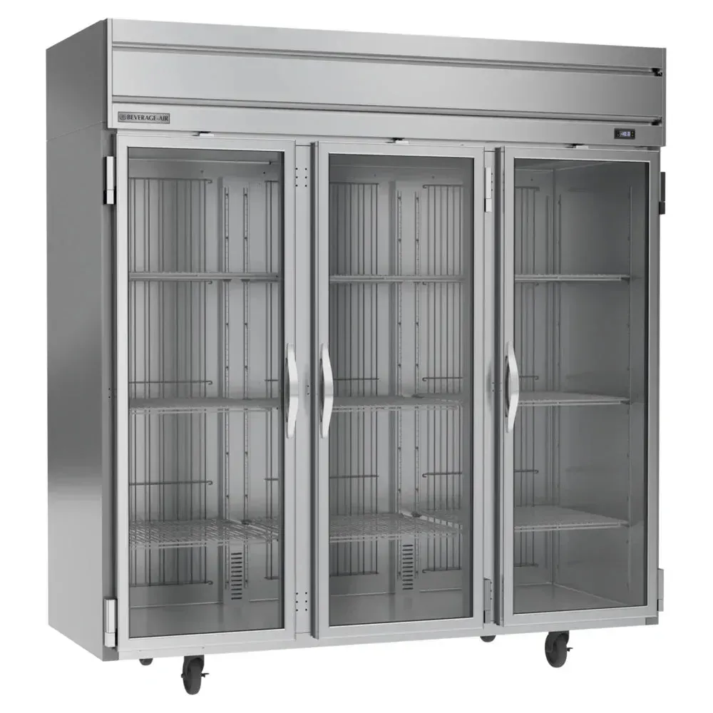 Beverage-Air triple-section glass door reach-in freezer, stainless frame, full-view doors, LED lighting, digital controls for hotel or restaurant use.