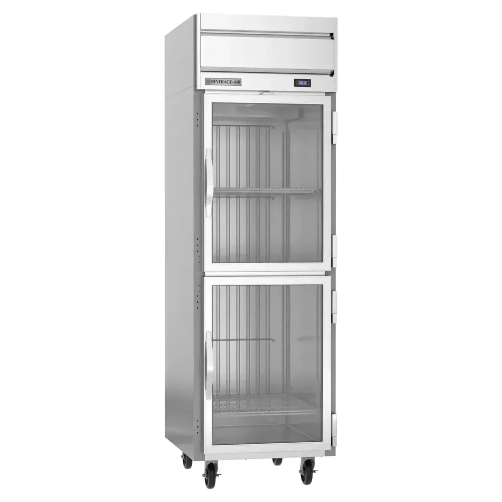 Beverage-Air single-section glass half-door reach-in freezer with fingerprint-resistant stainless finish, compact size, and clear doors for cafe.