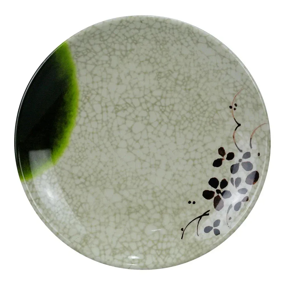 Round melamine coupe plate by Yanco China with a traditional Japanese inspired design, a durable and artistic choice for serving sushi or cuisine.