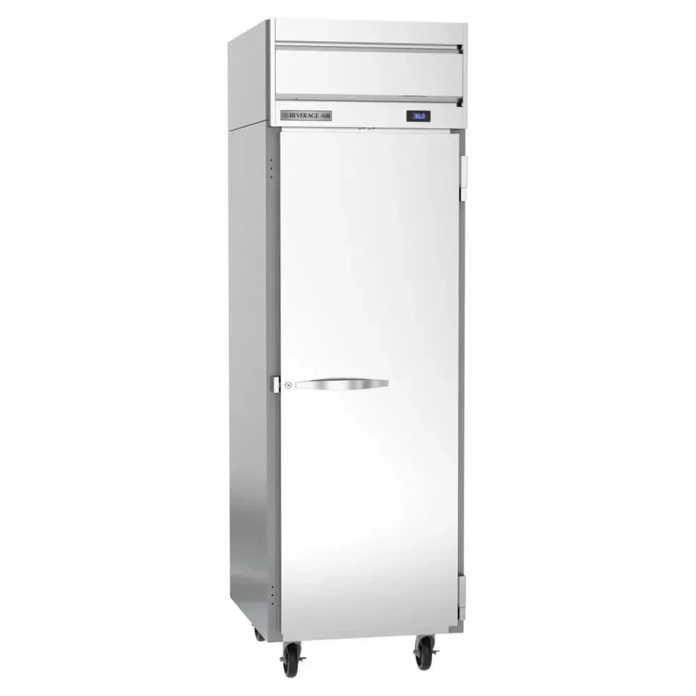 Beverage-Air compact solid-door reach-in refrigerator with top-mounted compressor in stainless steel beside prep station under warm lighting.