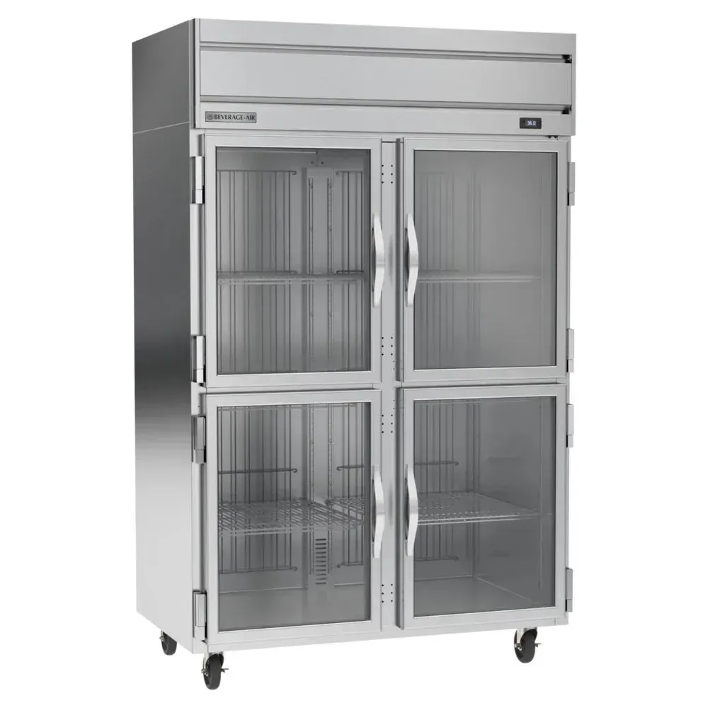 Beverage-Air compact glass half-door reach-in refrigerator fitting tight spaces with easy access to chilled ingredients during service.
