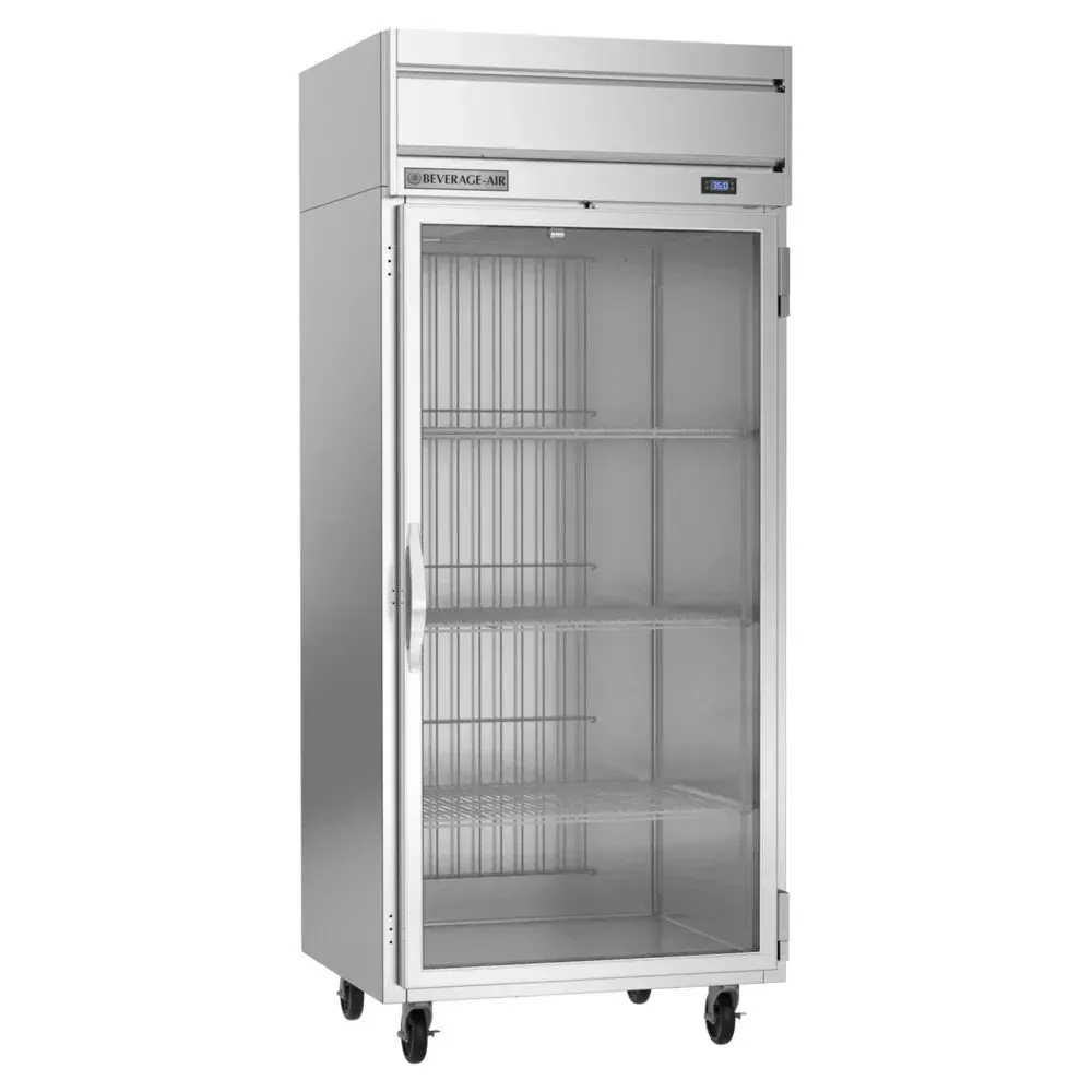 Beverage-Air single-section wide glass door reach-in refrigerator offering compact chilled storage and clear display with stainless steel finish.