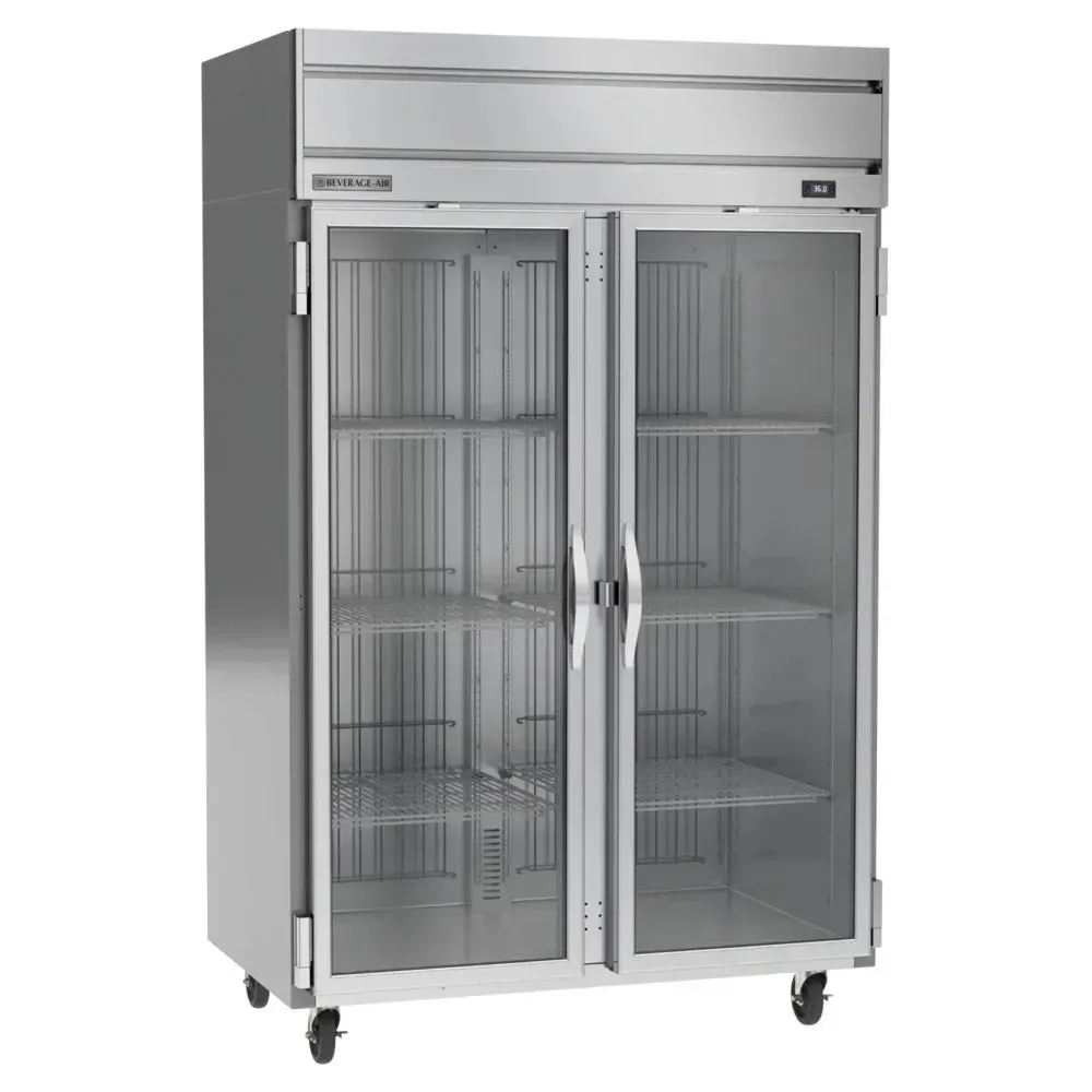 Beverage-Air two-section glass door reach-in refrigerator showcasing fresh ingredients under bright LEDs in a sleek professional kitchen.