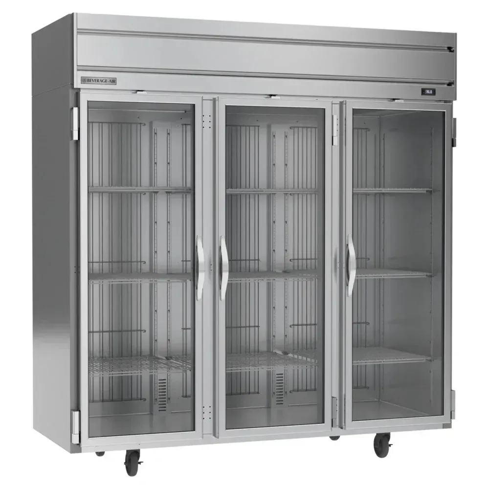 Beverage-Air three-section glass door reach-in refrigerator displaying chilled products under bright LEDs with a sleek stainless steel finish.