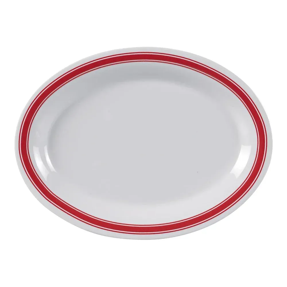 Yanco China graceful oval white melamine platter ideal for entrees or shared appetizers, enhancing buffet or catered events with modern elegance