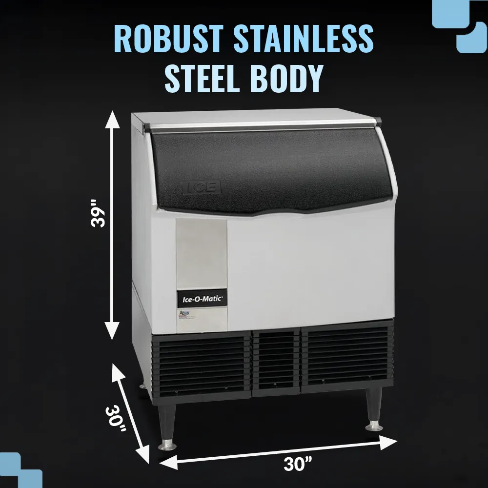 Ice-O-Matic undercounter cube ice machine with storage bin, providing consistent ice output for bars, restaurants, and cafes.