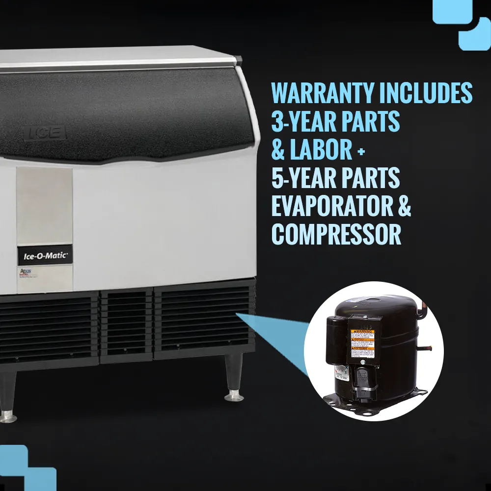 Ice-O-Matic undercounter cube ice machine with storage bin, providing consistent ice output for bars, restaurants, and cafes.