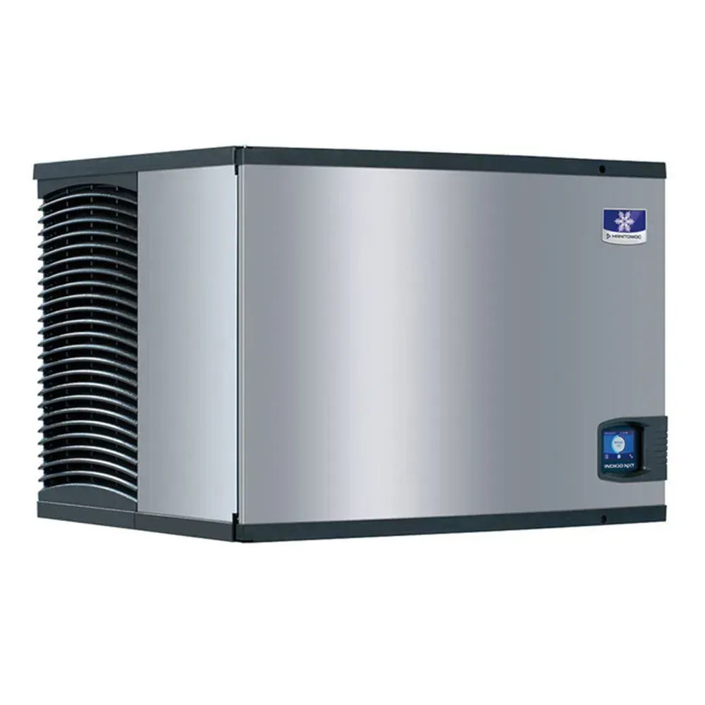 Manitowoc water-cooled half-dice ice maker in stainless steel, no bin, quiet and efficient for daily commercial ice needs in restaurants or bars.