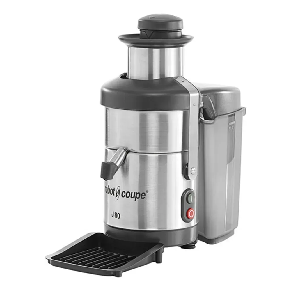 Robot Coupe automatic juicer with pulp ejection, front view, compact and efficient for preparing fresh juice in cafes, restaurants, and eateries.