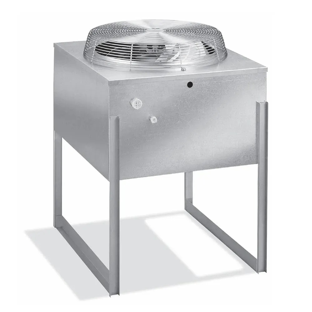 Manitowoc stainless vertical remote condenser, corrosion-resistant body, optimized airflow, compact, quick-connect lines, commercial reliability.
