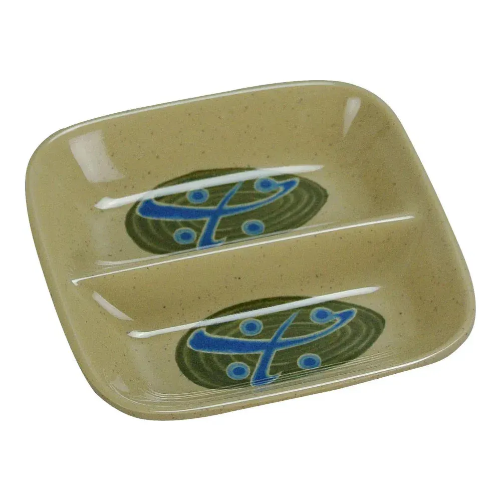 Yanco China elegant divided rectangular sand melamine sauce dish perfect for two condiments, bringing authentic Japanese dining charm to fine service