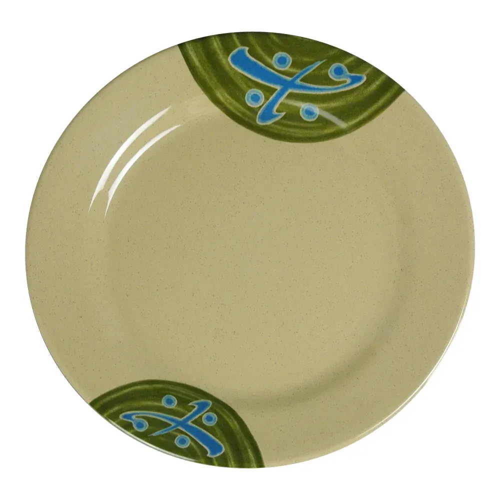 Yanco China large round plate in sand melamine for shared platters or main courses, delivering Japanese aesthetics to contemporary presentations.
