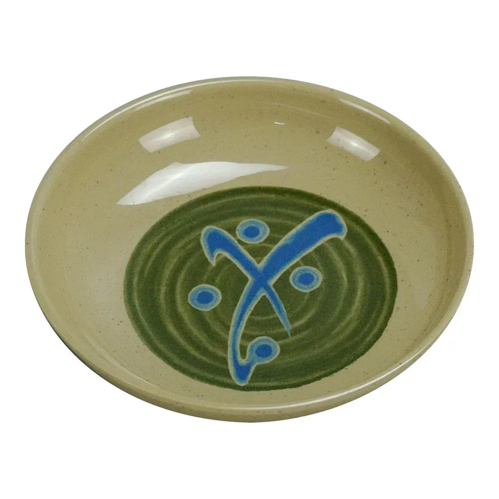 Yanco China Japanese round sauce dish in sand melamine with blue abstract design, offered in bulk for commercial dining service.