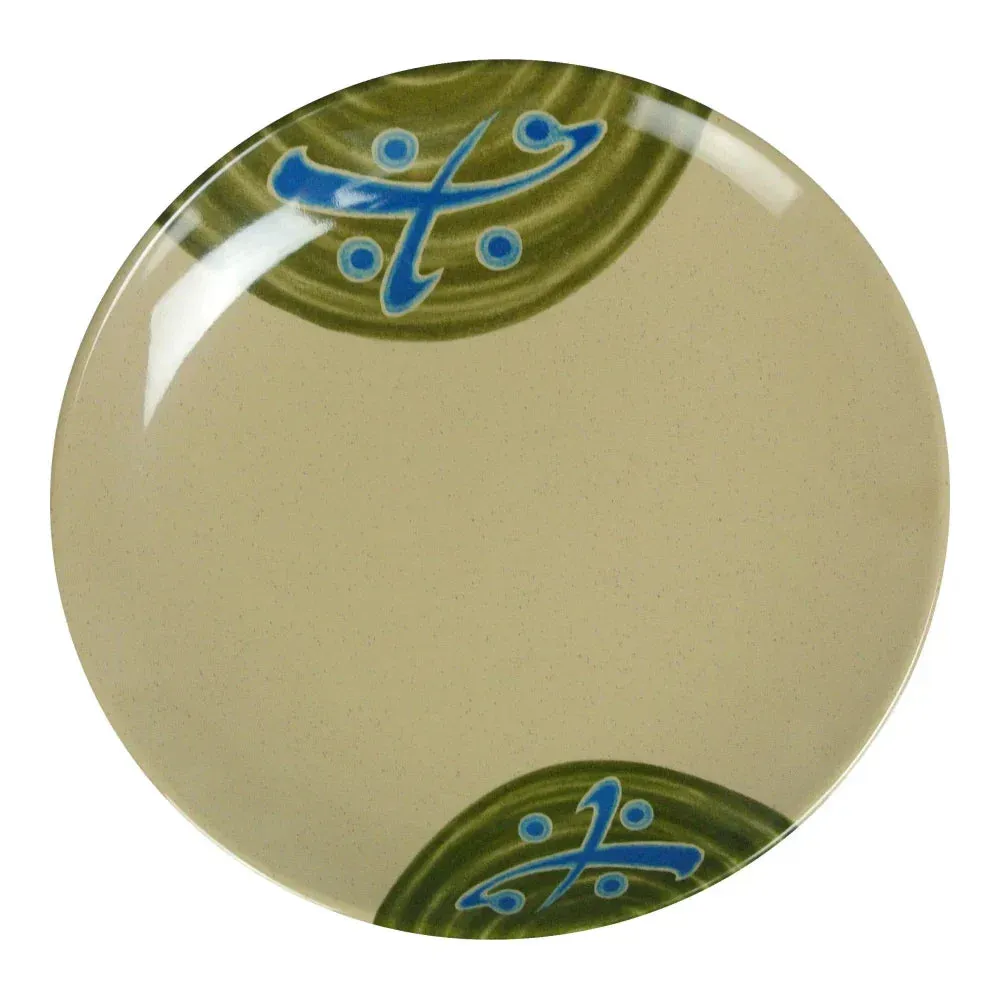Yanco China generous round plate in sand melamine, for shared entrées or family-style service in modern Japanese restaurants or catered gatherings.