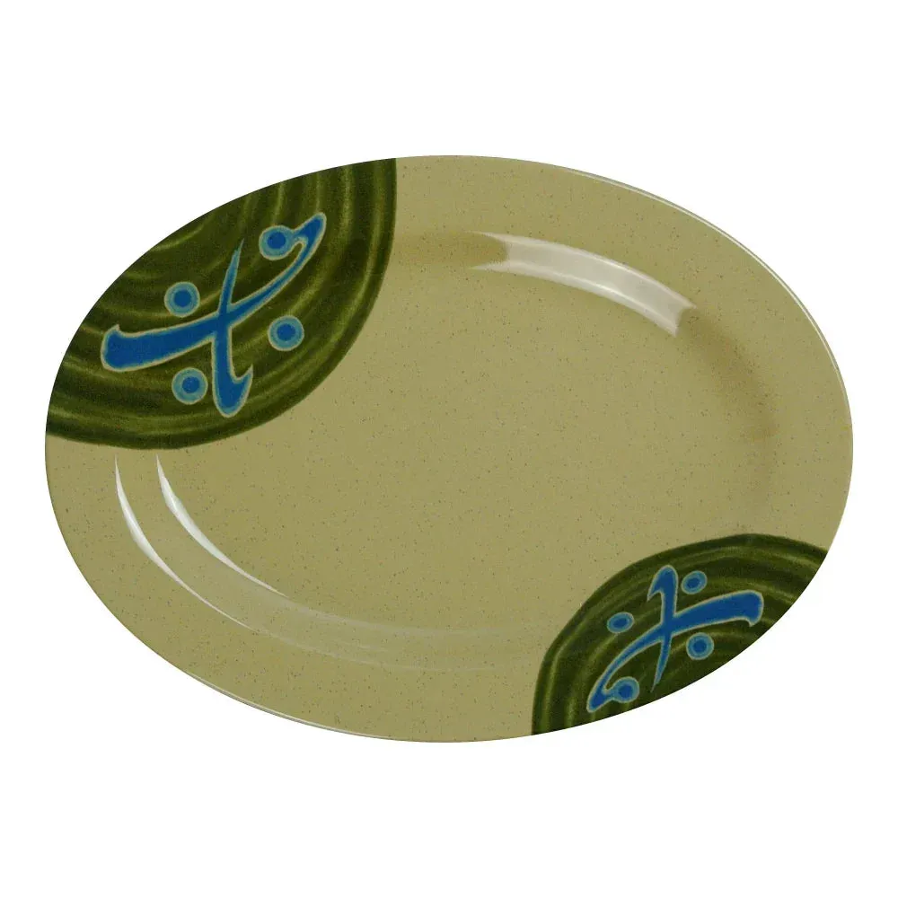 Yanco China compact sand melamine oval plate for individual entrées in Japanese dining, with space-efficient design for table presentation.