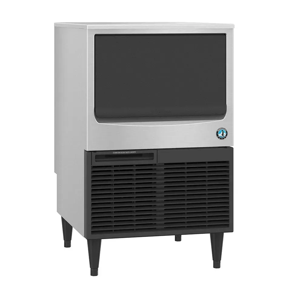 Space saving undercounter crescent ice machine from Hoshizaki America with a built in bin, suits cafes or hotel bars needing a daily cube supply.