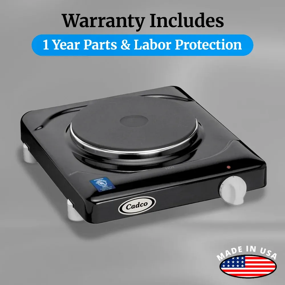 Cadco single burner black portable hot plate with cast iron element offers even heatingideal for dorms, offices, or small apartment cooking needs.