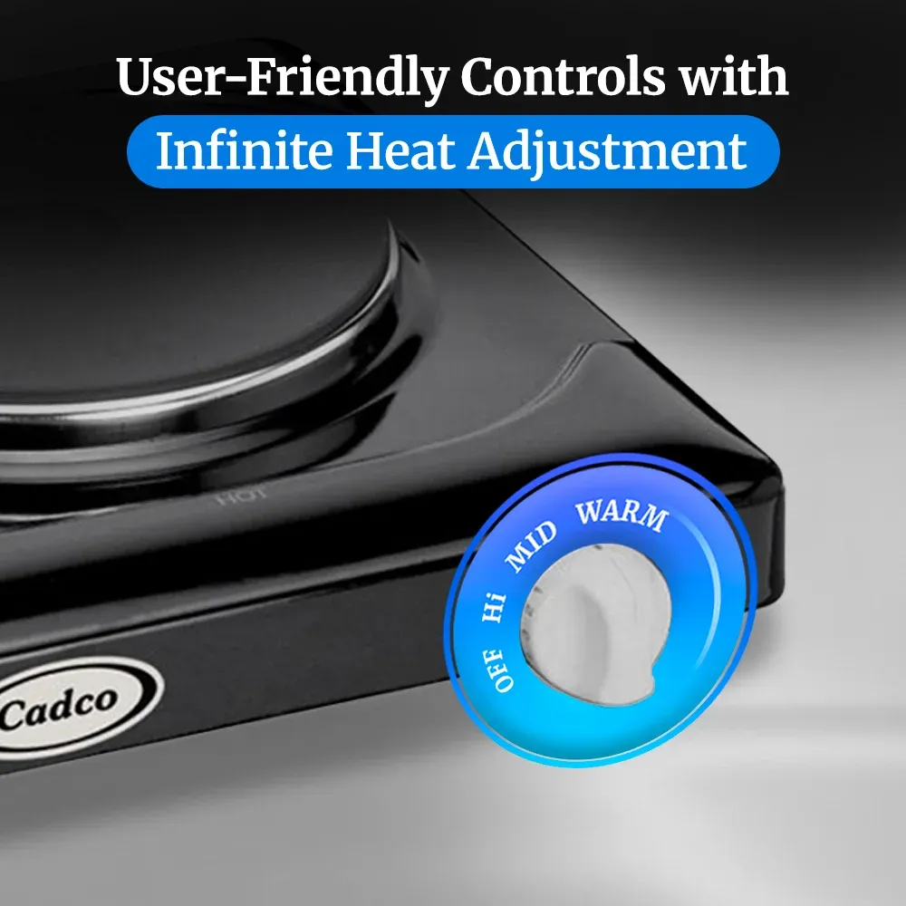 Cadco single burner black portable hot plate with cast iron element offers even heatingideal for dorms, offices, or small apartment cooking needs.