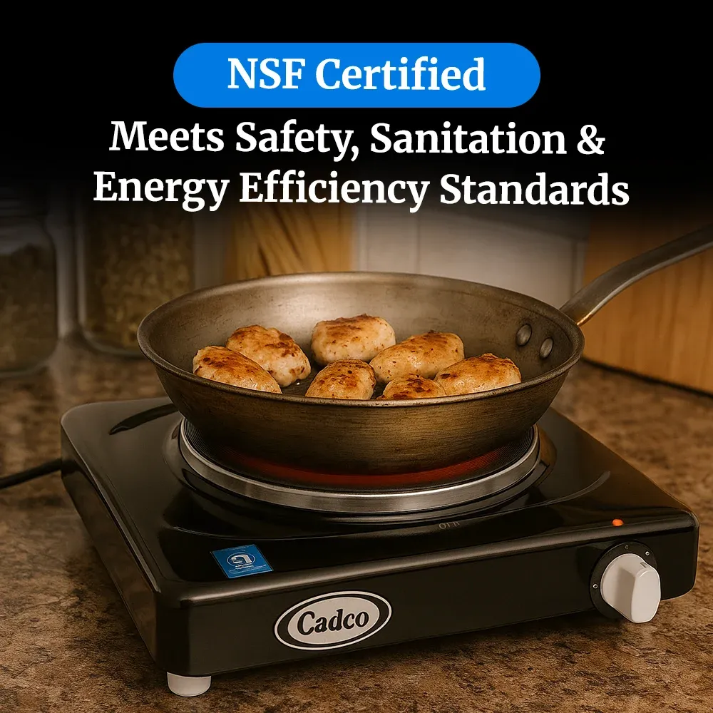 Cadco single burner black portable hot plate with cast iron element offers even heatingideal for dorms, offices, or small apartment cooking needs.