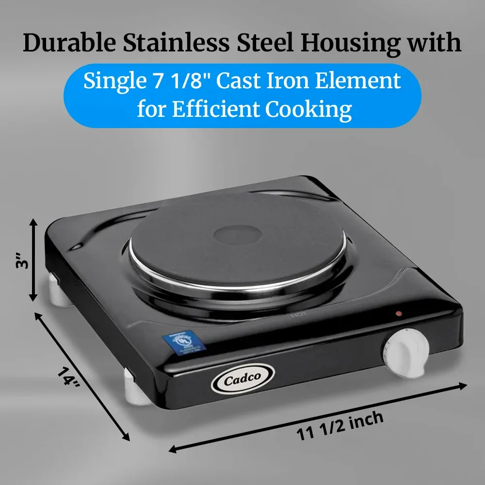 Cadco single burner black portable hot plate with cast iron element offers even heatingideal for dorms, offices, or small apartment cooking needs.