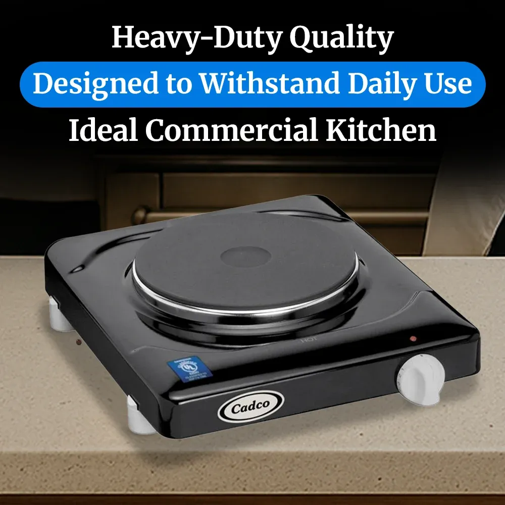 Cadco single burner black portable hot plate with cast iron element offers even heatingideal for dorms, offices, or small apartment cooking needs.