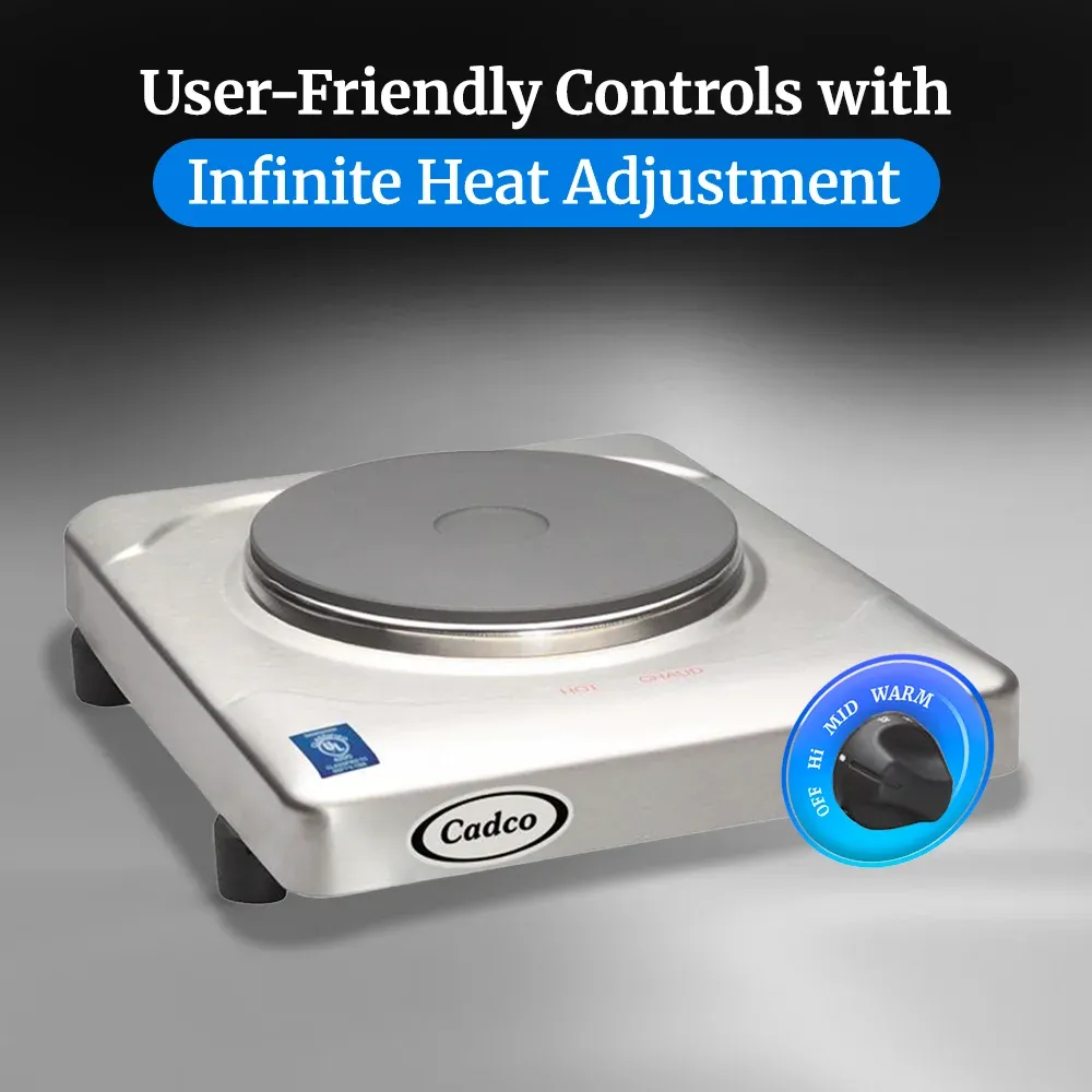 Cadco sleek stainless steel single burner hot plate with cast iron element delivers dependable heat for small spaces, pop-ups, or office pantries.