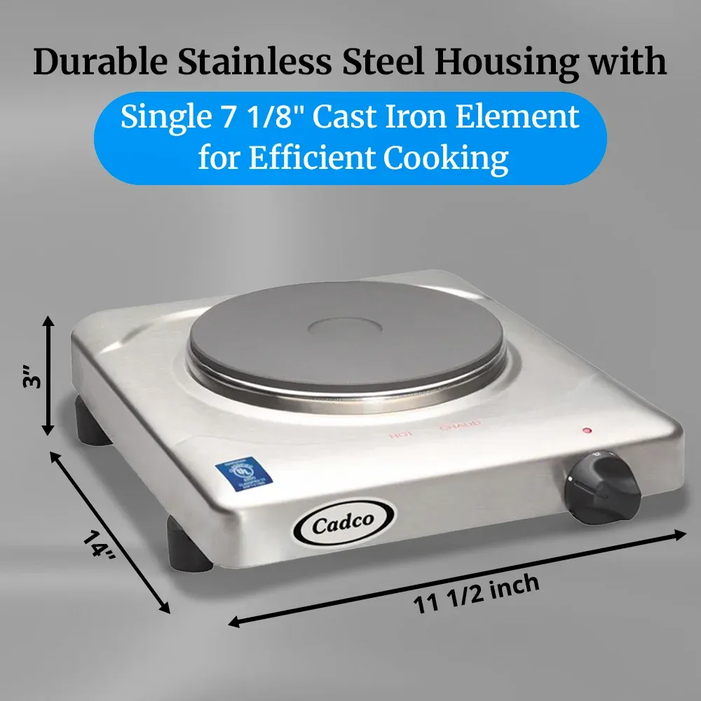 Cadco sleek stainless steel single burner hot plate with cast iron element delivers dependable heat for small spaces, pop-ups, or office pantries.
