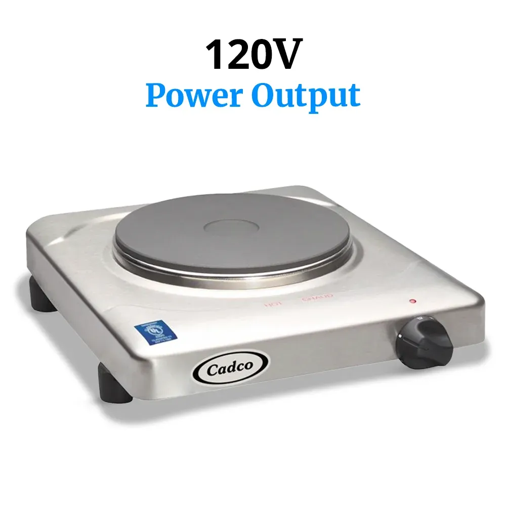 Cadco sleek stainless steel single burner hot plate with cast iron element delivers dependable heat for small spaces, pop-ups, or office pantries.