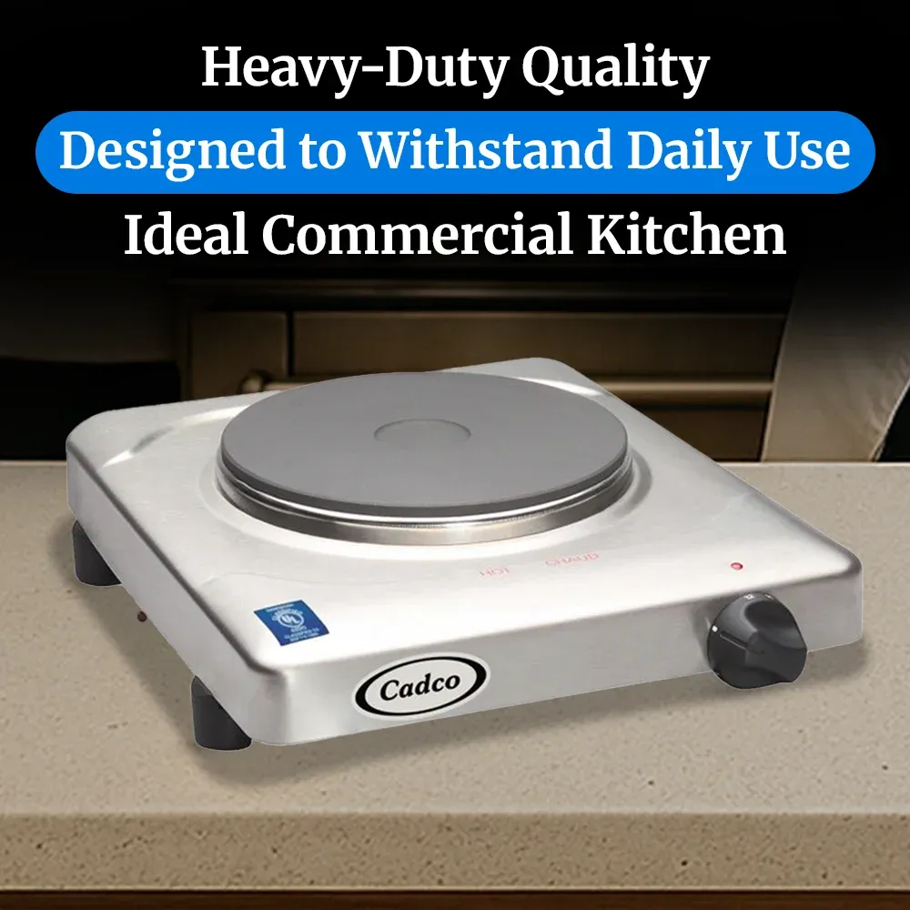 Cadco sleek stainless steel single burner hot plate with cast iron element delivers dependable heat for small spaces, pop-ups, or office pantries.