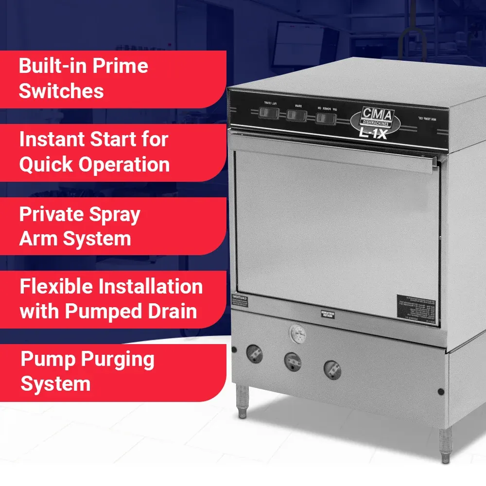 Low-temp CMA undercounter dishwasher with heater ideal for small restaurants and cafescompact, quiet design delivers reliable low-temp sanitizing.