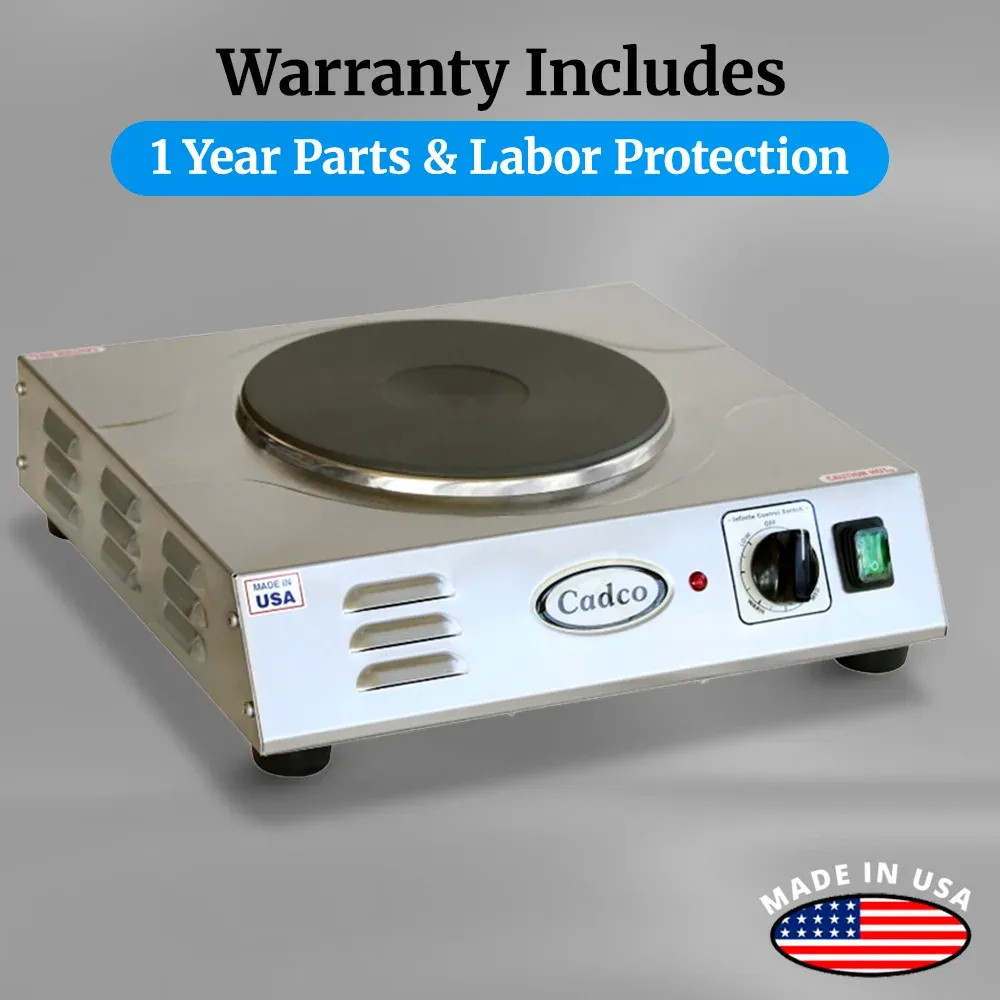 Cadco stainless steel single burner hot plate with large cast iron element provides even heat distribution for big pans and heavy cooking loads.