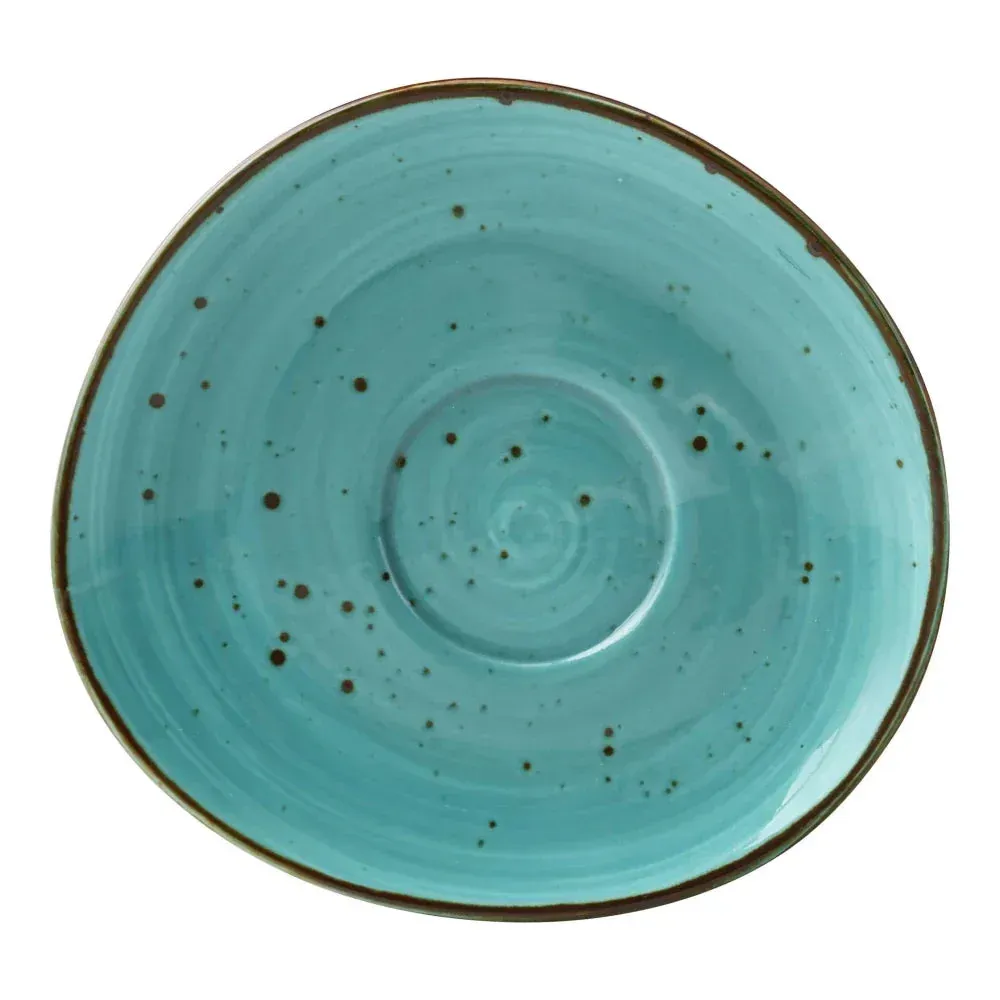 Round saucer with speckled turquoise reactive glaze by Yanco China, featuring an indented center to pair with a matching cup.