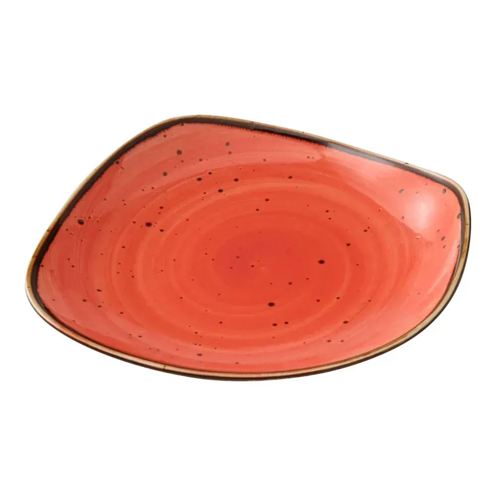 Small seven and a quarter inch reactive glaze round coral plate by Yanco China, ideal for smaller appetizers or desserts with rustic charm.