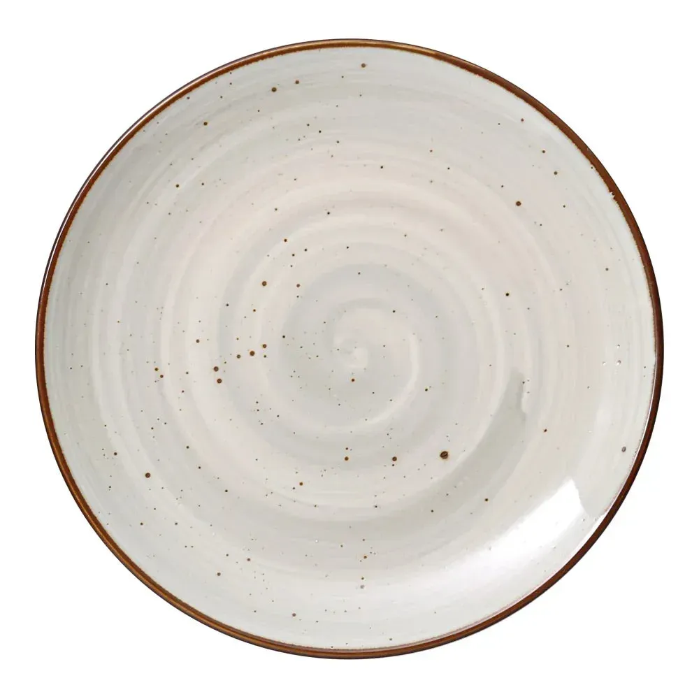 Small round coupe plate from Yanco China with a rustic, speckled glaze and a dark rim, an ideal choice for serving appetizers or desserts with flair.