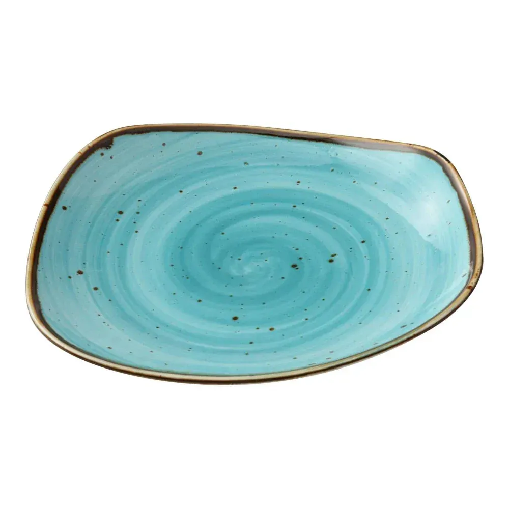 Large ten and a half inch reactive glaze turquoise dinner plate by Yanco China, offering a vibrant, rustic backdrop for main course creations.
