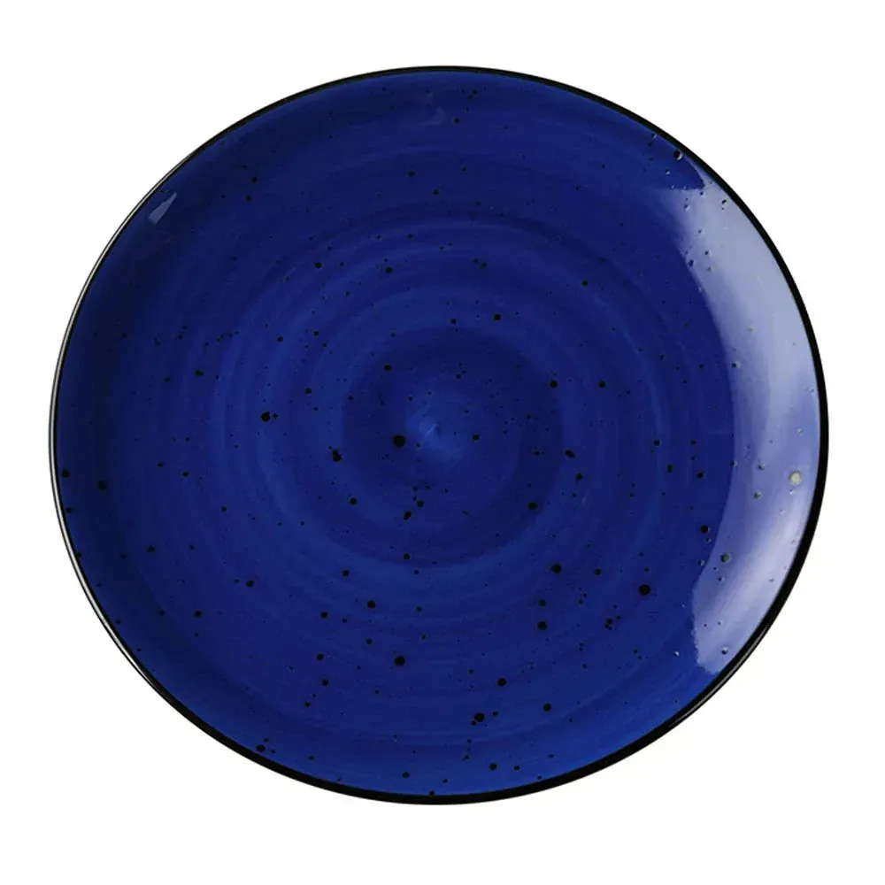 Round coupe salad or dessert plate by Yanco China with a swirled reactive blue glaze, adding a handcrafted touch to individual servings.