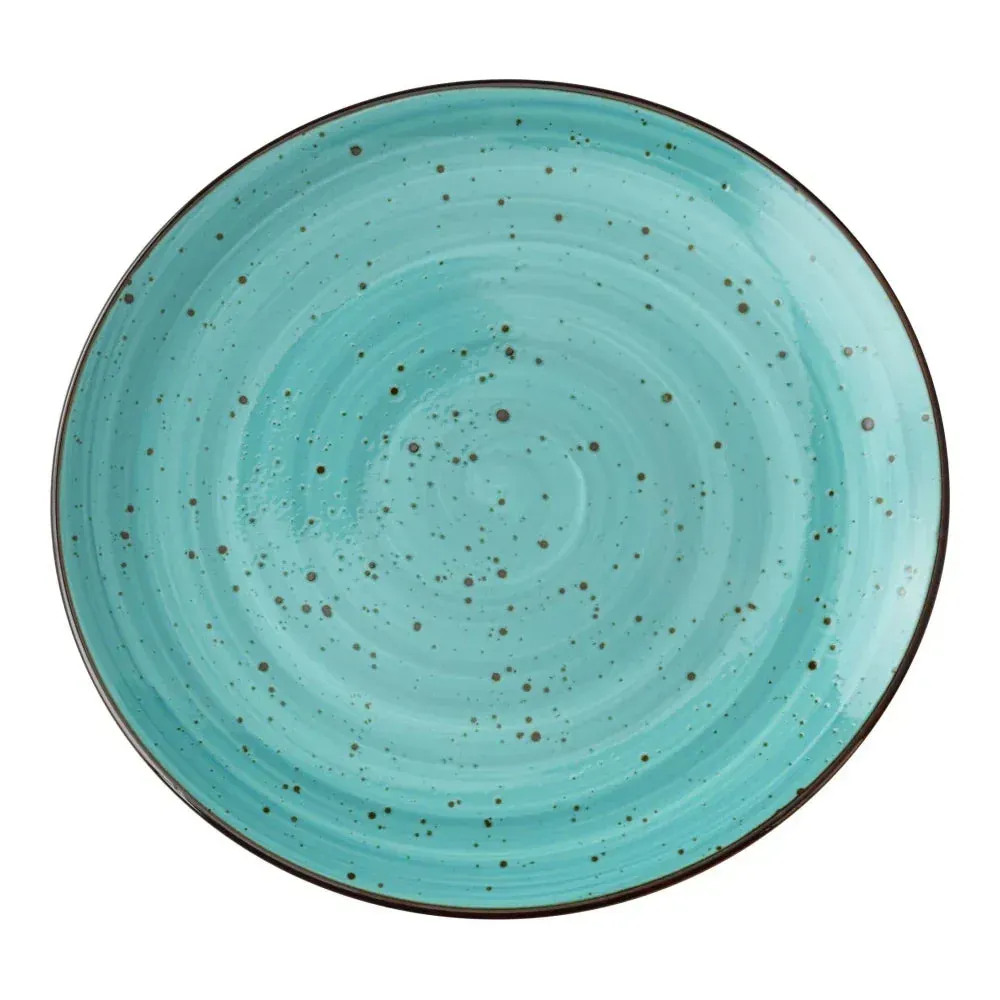 Large round coupe dinner plate with swirled reactive turquoise glaze by Yanco China, offering a handcrafted backdrop for signature main entrees.