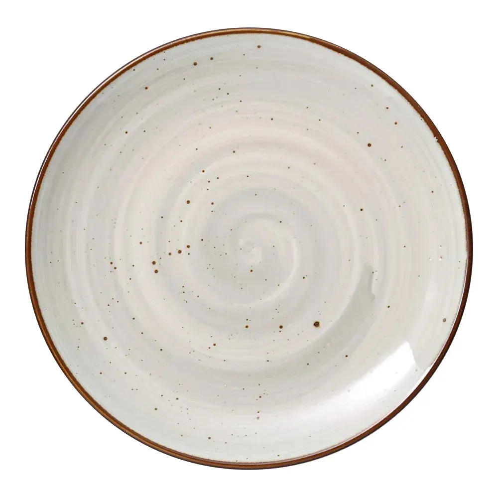 Large round coupe plate from Yanco China with a swirled, reactive glaze, providing a rustic, handcrafted backdrop for signature main entrees.