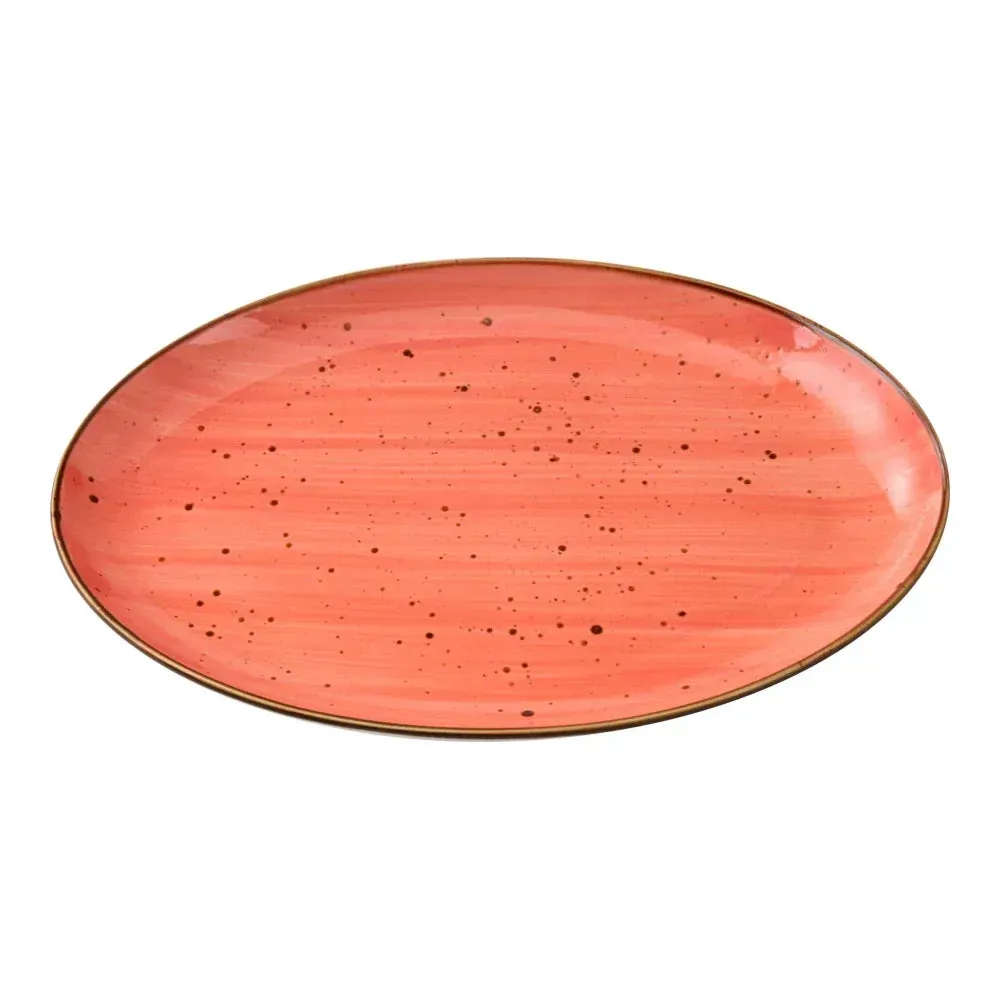 Very small oval coupe plate in rustic speckled coral finish from Yanco China, perfect for bread, butter, or amuse-bouche service.