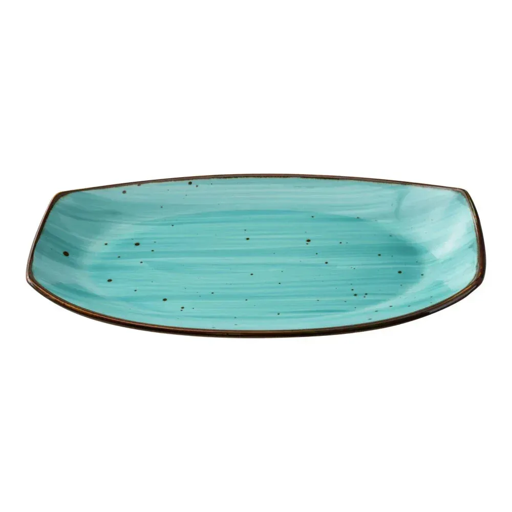 Medium seven and three eighths inch reactive glaze turquoise dinner plate from Yanco China, perfect for lunch specials or smaller entrees.
