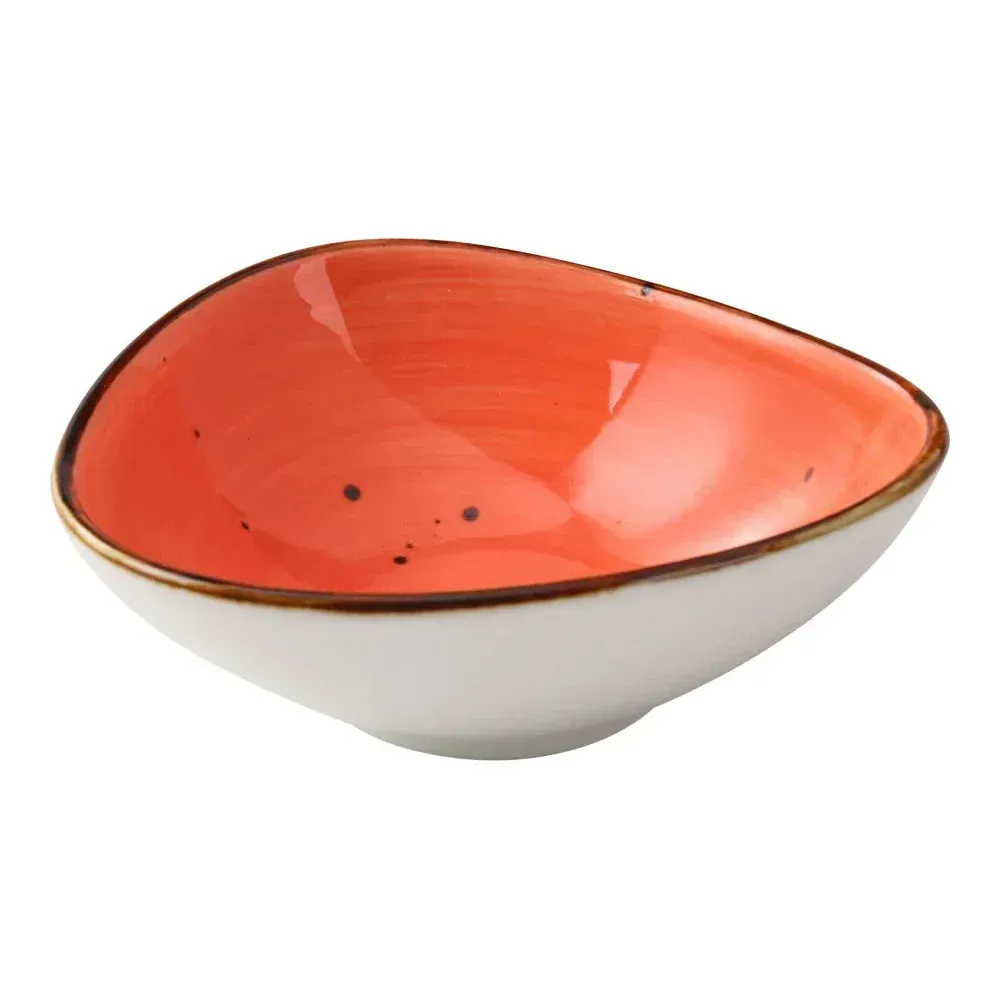 Small five ounce reactive glaze coral triangle sauce bowl from Yanco China, offering artistic flair for sauces or condiments.